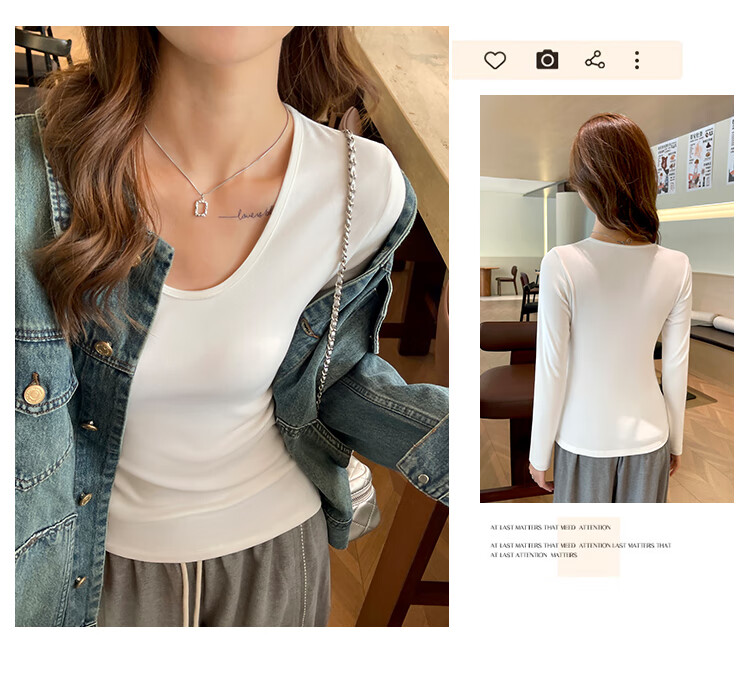 Zhuomuniao Autumn And Winter New Women's Long-Sleeve T-Shirt, Thick Fleece, Small U-Neck, Slim-Fit Top, Black, S 2