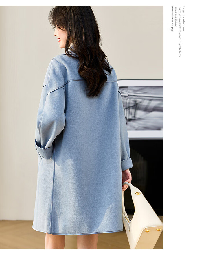 Dme Ladies Daily Autumn Winter Blazer Collar Straight Shoulder Drop Double-Breasted Double-Faced Wool Trimmed Mid-Length Coat for Women 8