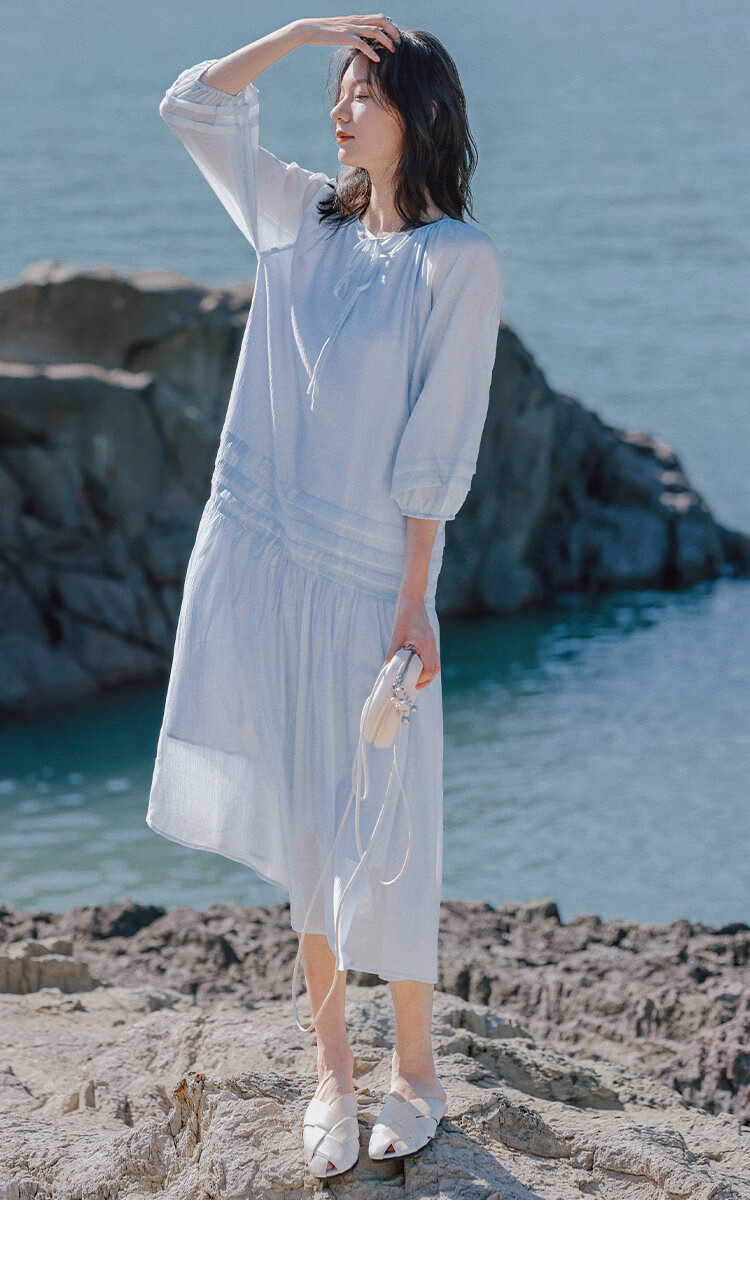Dme First Love Style Light Blue Dress, Round Neck, Tie-Up Collar, Fairy-Like Long Sleeve Dress for Women, Light Blue, M 7