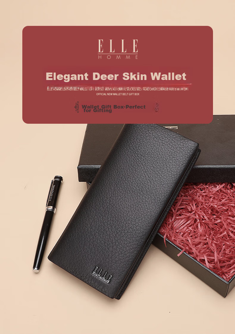 ELLE HOMME Men's Long Wallet, Top-Grain Leather Multifunctional Billfold, Horizontal Style Wallet 1312, Birthday Gift for Me 1