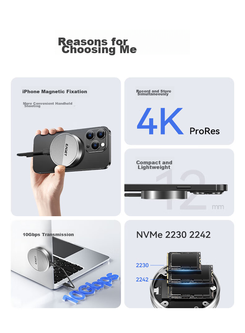 EAGET Magnetic Hard Drive Enclosure, 2230 SSD M.2 NVMe External Hard Drive Case, MagSafe Compatible for Apple IPhone 17 Pro, Laptop And Computer External Enclosure SE880 2