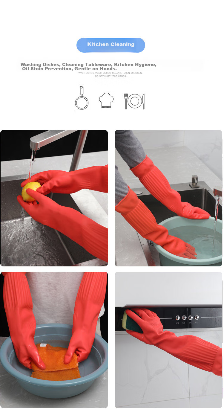 Yagao PVC Gloves, 2 Pairs, One Size Fits All, Fleece-Lined, Extended Length, Warm Style, Household Gloves, Rubber Leather Gloves 10