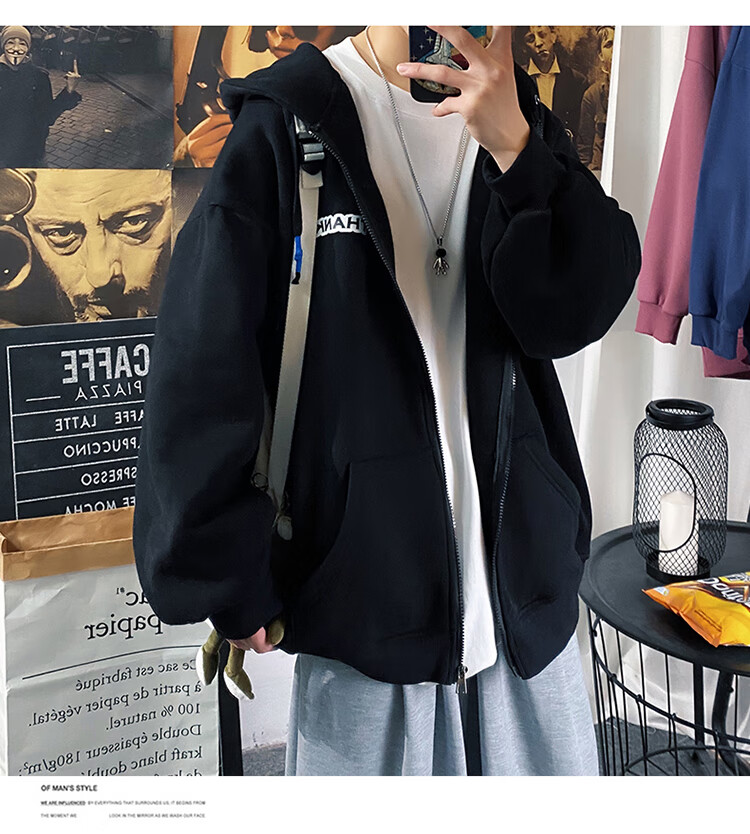 Foss Phil Men's Jacket, Spring And Autumn Large Size Cardigan Sweatshirt, Hooded Sports Top, Loose-Fitting Jacket JK2080, Black, XL 9