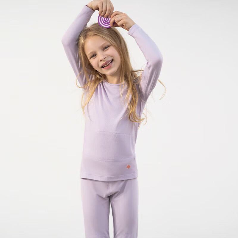 Aimer Kids Extra Warm Moisture-Wicking Thermal Underwear for Girls, Double-Layer Belly And Neck Protection, Purple Autumn Top, Size 140