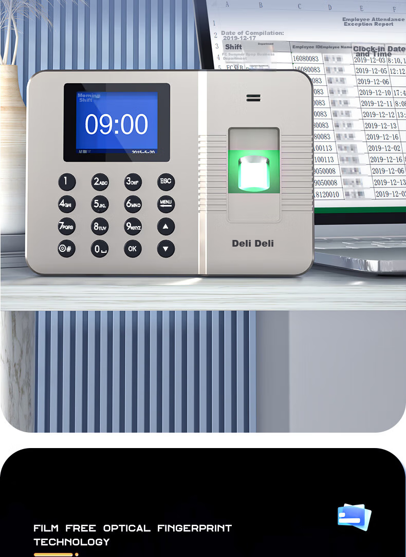 Deli Attendance Machine Facial Recognition Clock-In Device, Visible Light Dynamic Face Recognition Attendance, Liveness Detection, Bluetooth Connects to Phone WeChat Mini Program Management D50W 9