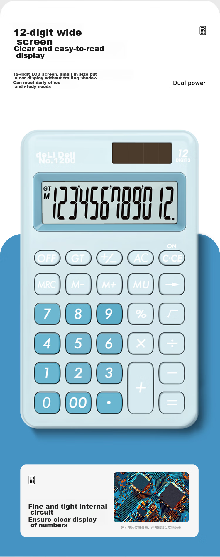 Deli Dual Power Portable Stylish Calculator, Slim Body with Silicone Buttons, Cute Desktop Calculator for Children And Students in Fourth Grade, Learning Supplies, Light Blue 1200 9
