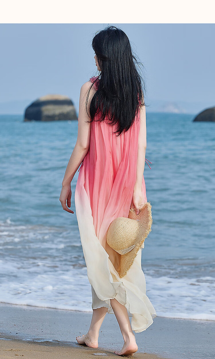 Dme [Dingdai'er Fashion] Summer Flowy Pink Gradient Chiffon Spaghetti Strap Beach Dress, 3D Floral A-Line Dress 17