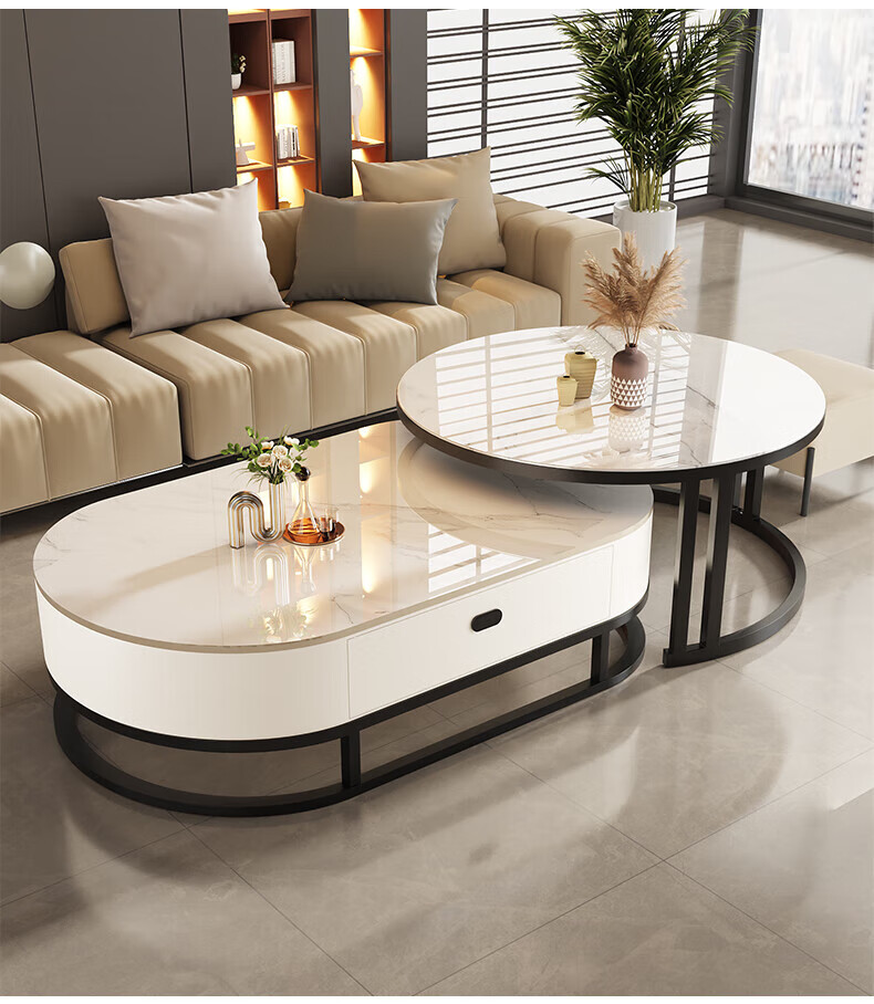 XIAOJIANGCAI Rock Slab Coffee Table, Living Room Modern Minimalist Tea Table, Oval Combination Coffee Table, Snow White Rock Slab, Black Frame, Gray Cabinet, 80 9