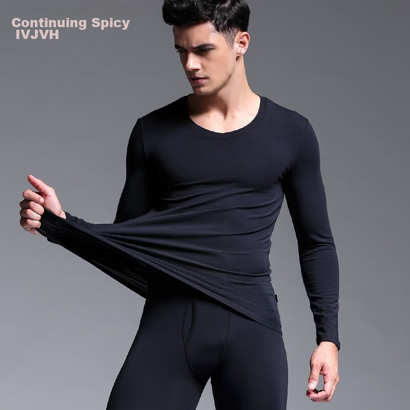 HACAI Thermal Underwear for Men, Spring And Autumn V-Neck Modal Cotton Undershirt And Pants Set, Black, Size M