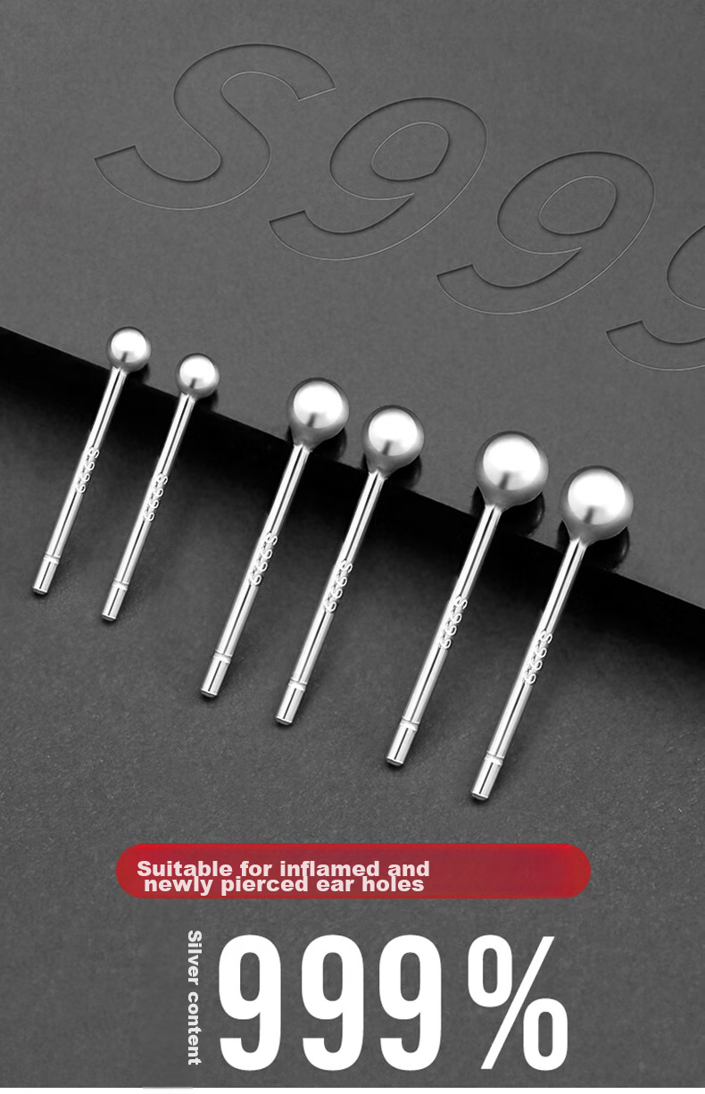 Dijing S999 Silver Bean Ear Studs, Women's Earrings, Simple Ear Rods, No Need to Remove While Sleeping, Invisible Birthday Gift for Pierced Ears 1