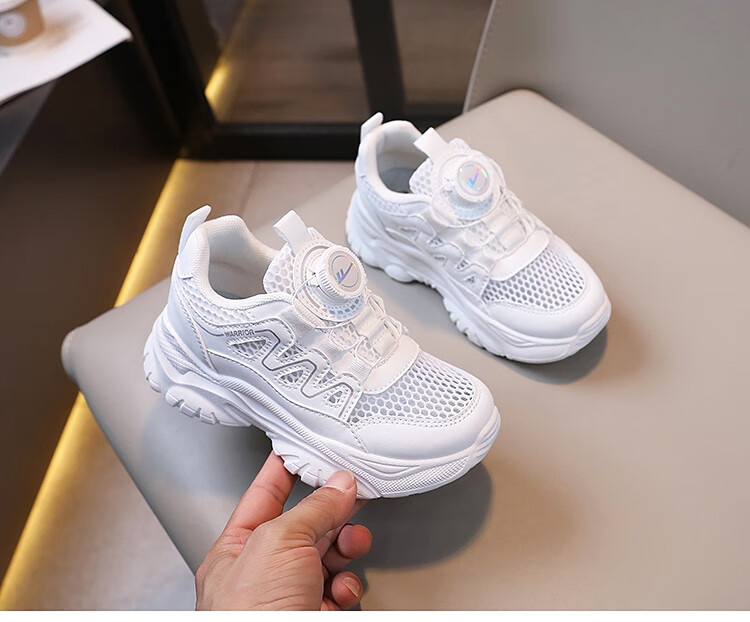 Warrior Children's Shoes, Mesh Upper White Sneakers, Sandals, Button Sports Shoes, Casual Shoes, Skateboard Shoes, WZ(CL)-0454, White, Size 28 1