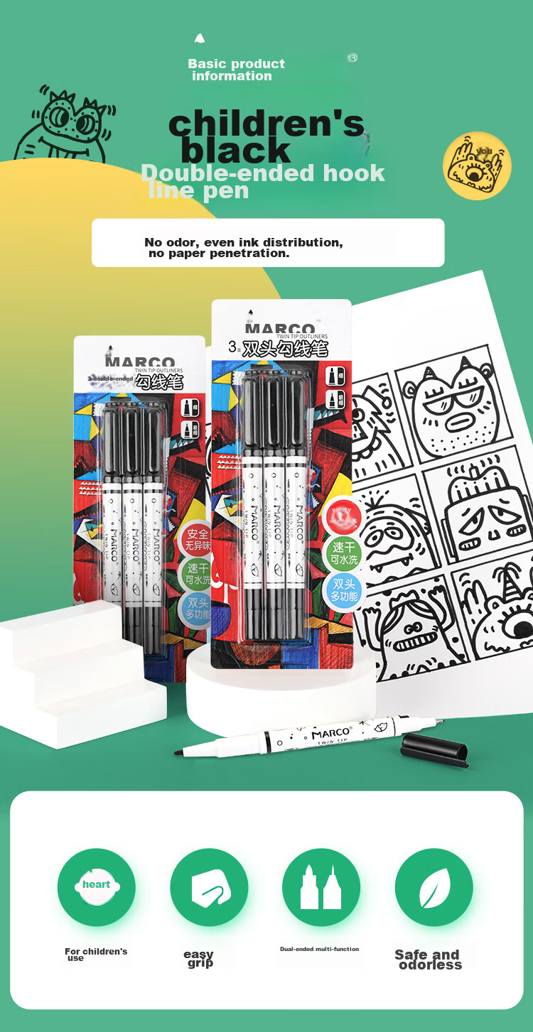MARCO Dual-Tip Marker Pen for Children's Drawing, Thick Black Art Supplies for Kindergarten Doodling, Outline Drawing, Black Water-Based Pen, Marker Pen for Painting 2