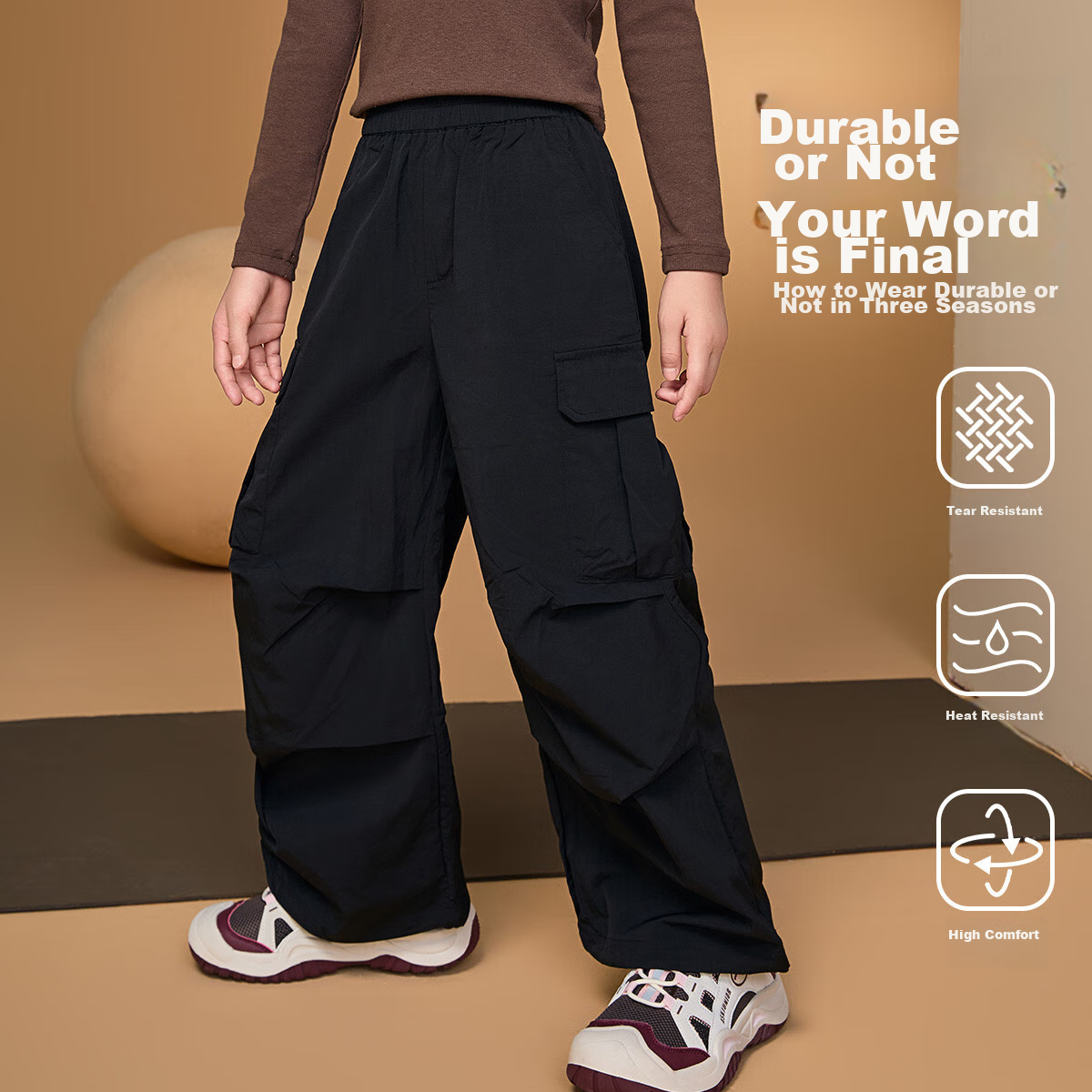 ASK JUNIOR Girls' Pants, 2026 Autumn Outdoor Fashion Sports Trousers, Mosquito-Repellent Pants, Cargo Paratrooper Pants, Black, Size 130