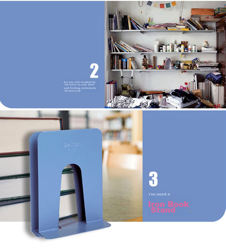 COMIX 7-Inch Metal Iron Desktop Bookend Storage Rack, Office Bookends 2 Pieces, Office And Study Supplies, Blue, A1101 2