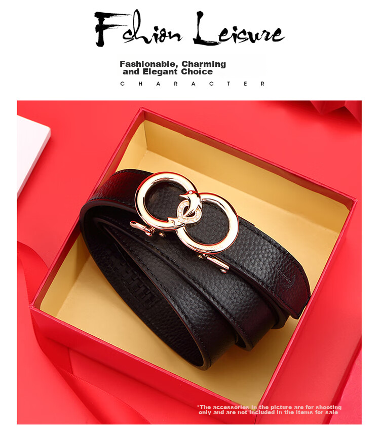 CROCODILE Genuine Leather Women's Belt, Double-Ring Automatic Buckle, Simple Top-Layer Cowhide Waistband, Birthday Gift, T2909 Black 1