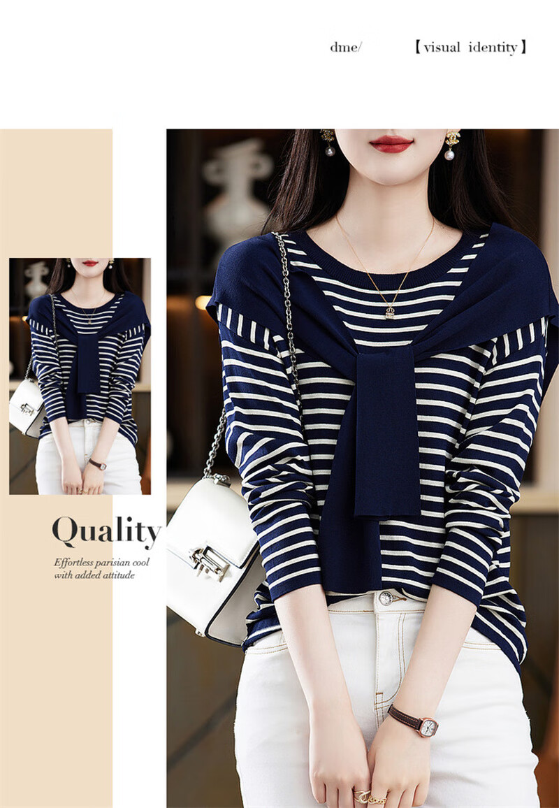 Dme [French Knit Sweater] Spring And Autumn Round Neck Double Curved Striped Contrasting Color Women's Knit Sweater, Off-White, XL 11