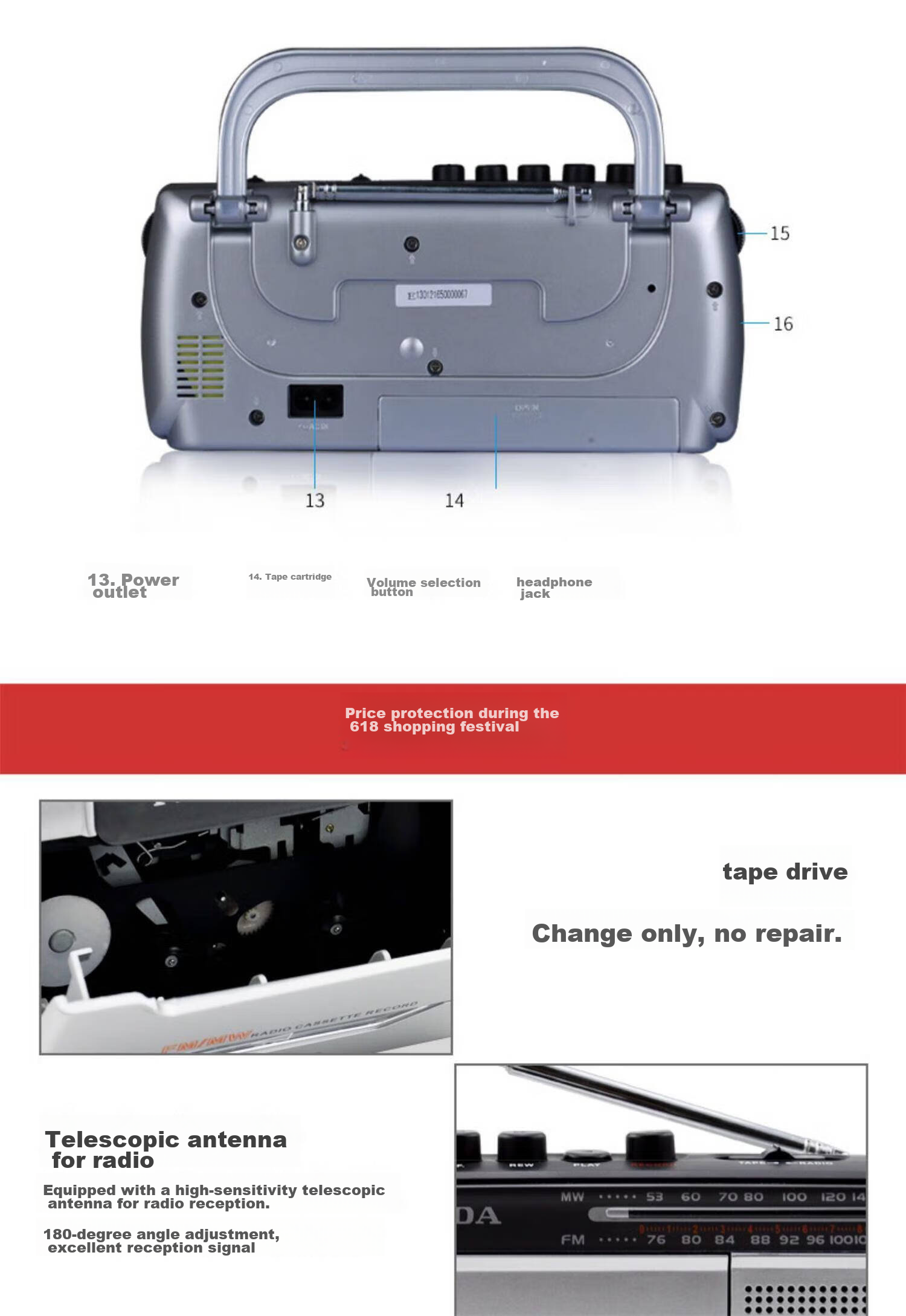 PANDA (PANDA) 6503 Portable Tape Recorder for Elderly with USB and SD Card Slots, Mini Player for Cassette Recording, English Learning for Elderly at Home, White 14