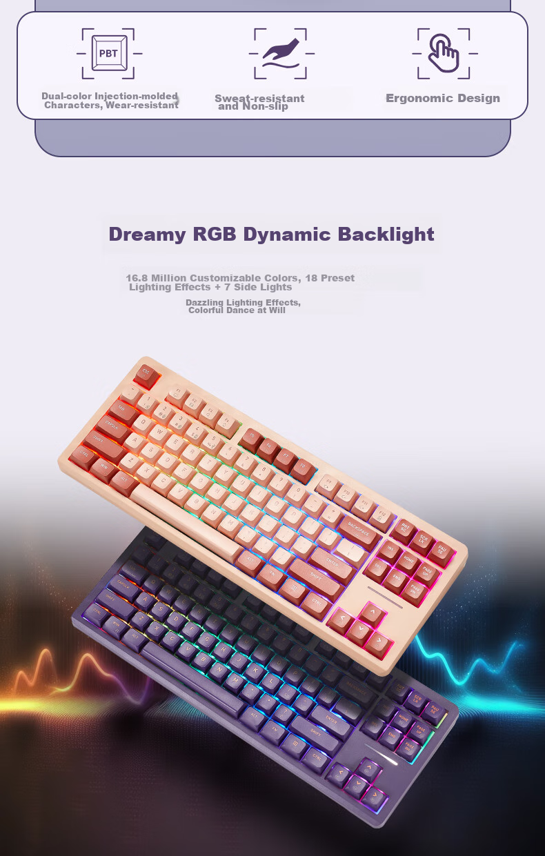 Hyeku Q3pro 87-Key Tri-Mode Wireless Bluetooth Customizable Mechanical Keyboard Hot-Swappable Gasket Structure Keyboard Gaming Office RGB Peach Soft Kaehua BOX Red Switch 10