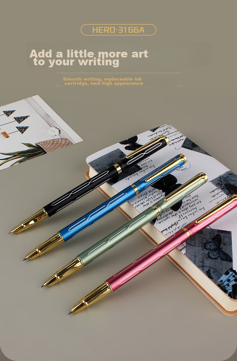 HERO 369 Erasable Steel Nib Iridium Student Fountain Pen with 10 Ink Cartridges, Fine Nib, Qingmei Zhujiu Design 1