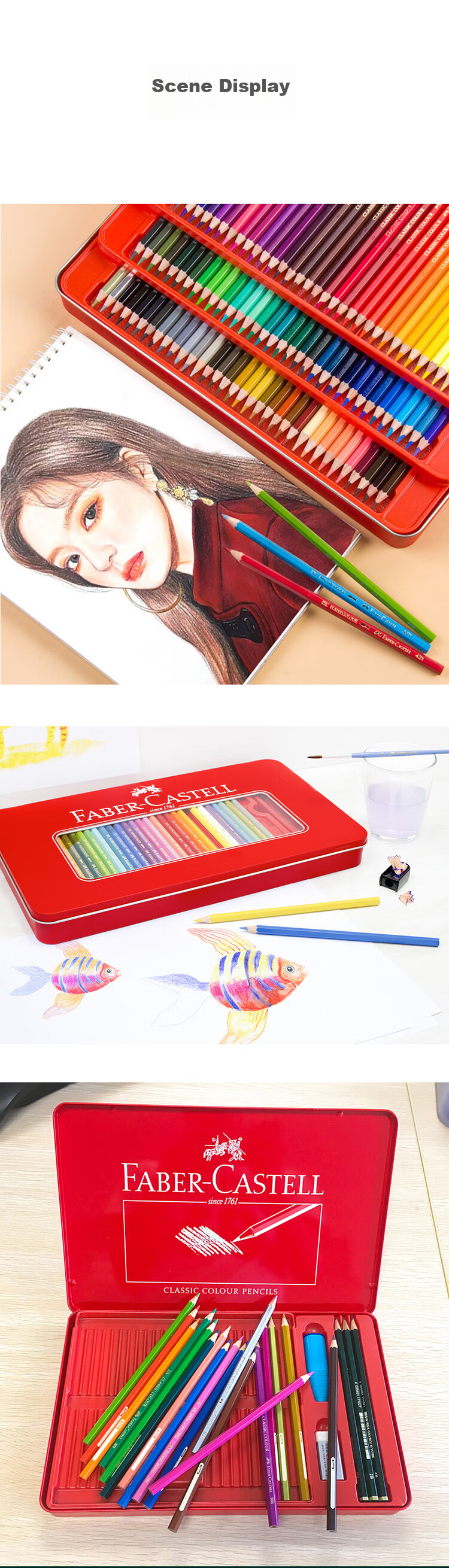 Faber-Castell Oil-Based Colored Pencils, 60 Colors + 60 Holes, Drawing Pencil Set with Pen Holder, 115865 Red Tin Box Packaging, Art Sketching Pencils 9