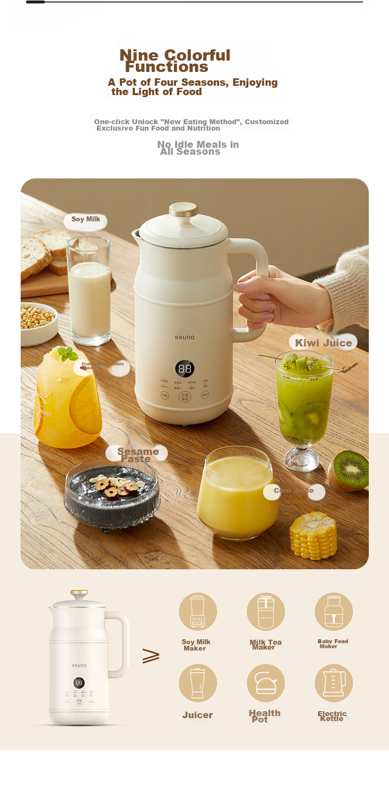 BRUNO Blender Soy Milk Maker, Home Small Mini Fully Automatic, No Hand Washing Required, No Filtering Needed, Juicer Health Pot, Cooking Breakfast Machine, 0.8L White DJ08S01 10