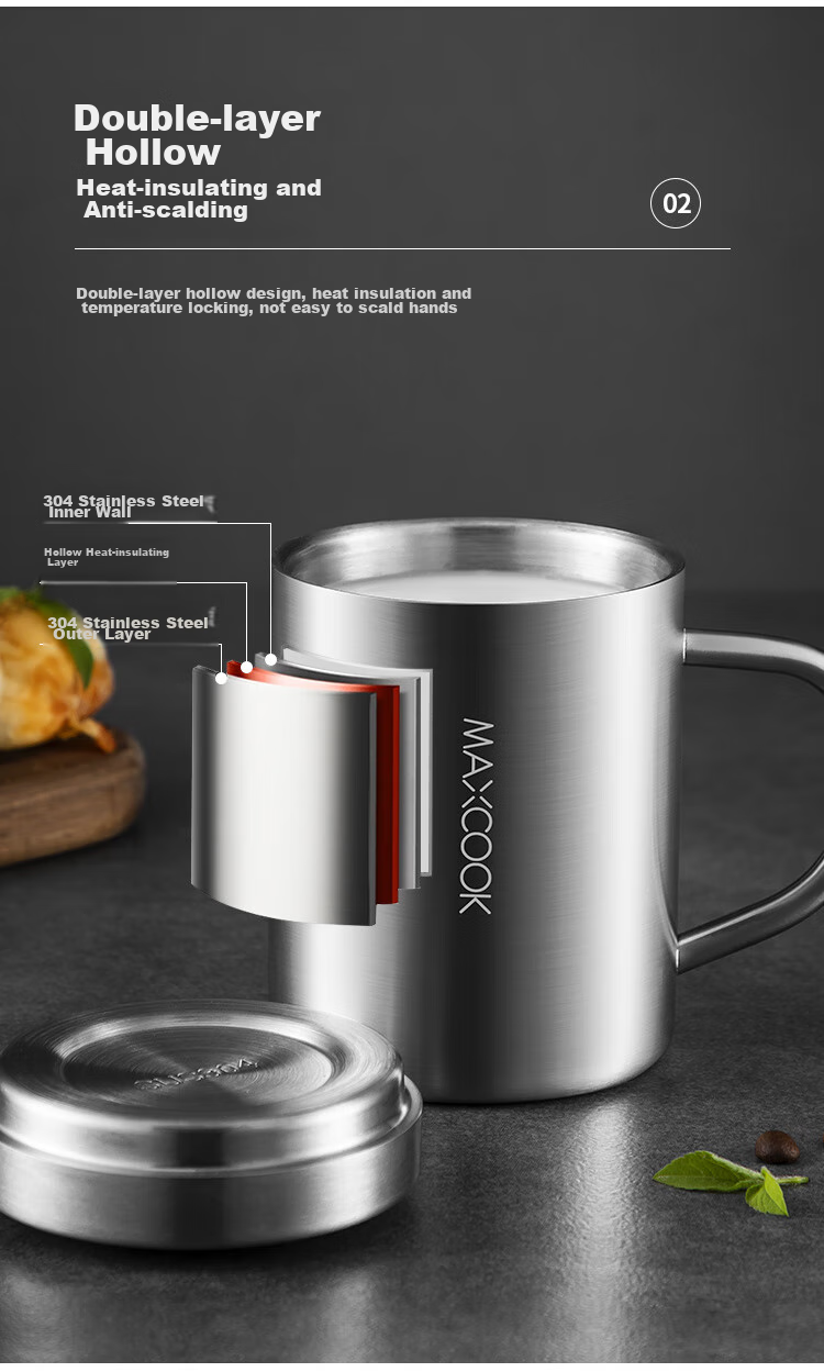 MAXCOOK 304 Stainless Steel Water Cup with Lid, Double-Layer Mug for Office, Tea Brewing And Drinking, Home Use Cup, 400ml 5