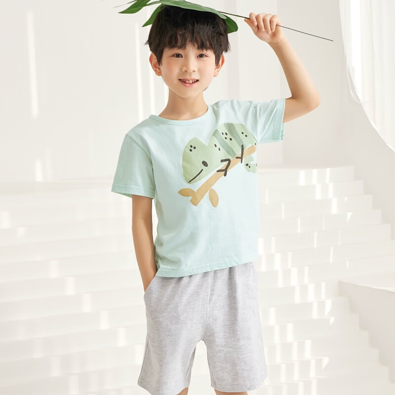 THREEGUN Water-Soft Cotton Children's Short-Sleeve Shorts Pajama Set, Boys And Girls, 89205D0, Light Green, Size 120