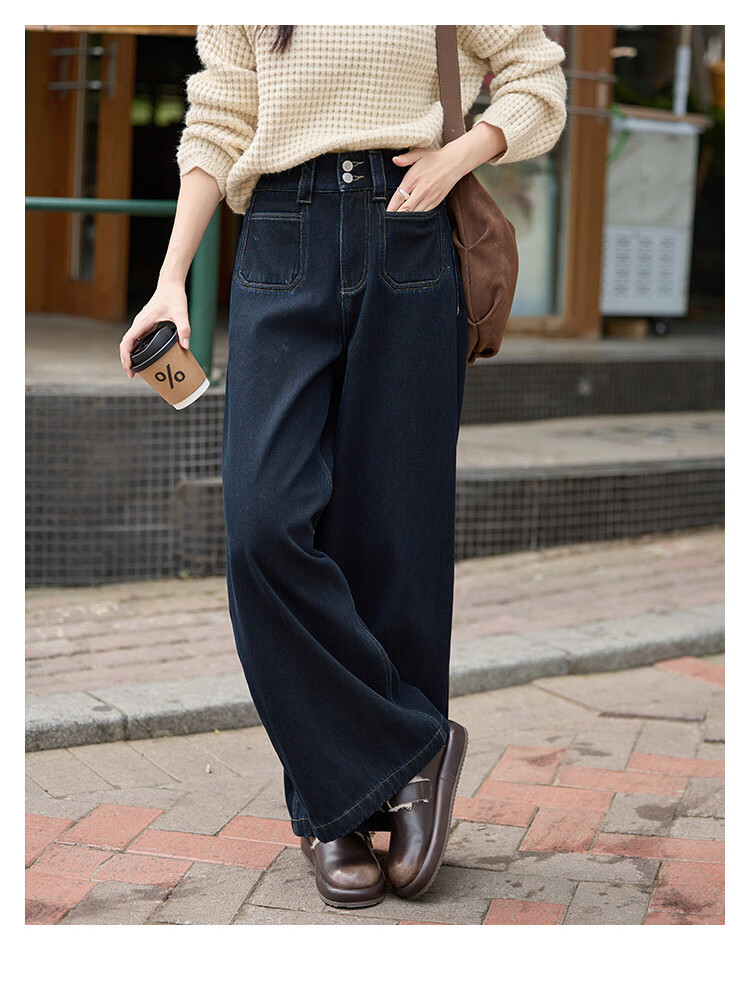 Dme Simple Blue Straight-Leg Pants Winter Style Double-Buckle Wide-Leg Design Fleece-Lined Jeans for Wome 7