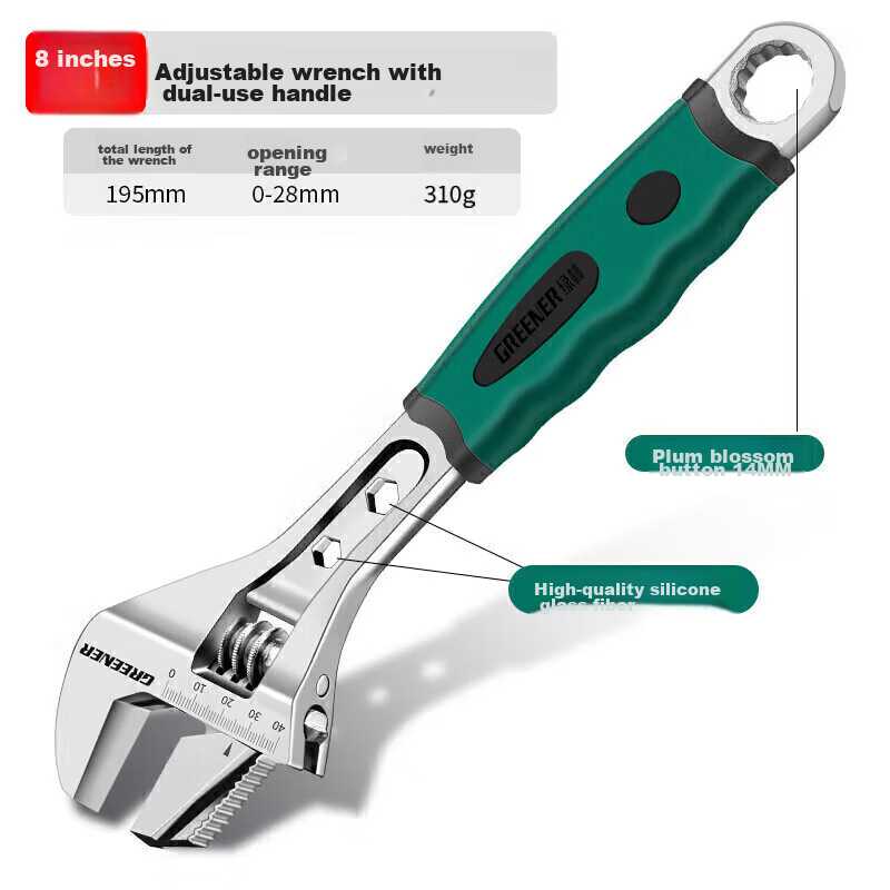 GREENER Adjustable Wrench, Household Multi-Purpose Quick-Release Industrial-Grade 8-Inch Dual-Purpose Adjustable Wrench, 200mm