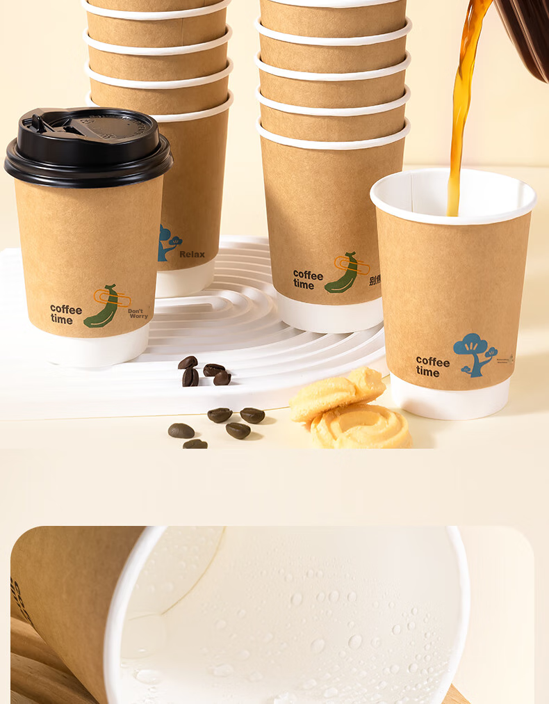 Deli 420ml Paper Cup with Lid/milk Tea Beverage Coffee Cup, Disposable Double-Layer Thickened Water Cup, 50 Sets, LL219 4