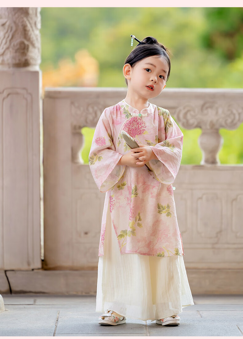 Menghu Ruoli Hanfu Girls' 2026 Spring New Chinese-Style Set, Vintage-Style Long-Sleeve National Style Parent-Child Outfit, Pink Floral Pattern, Size 150 12