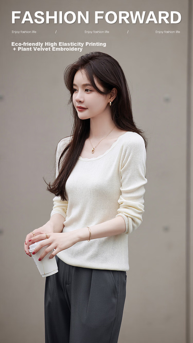 Mt [Simple Wavy Edge] Autumn Fashion Classic Simple Comfortable Pullover Long-Sleeve Knit Sweater for Women, White, M 1