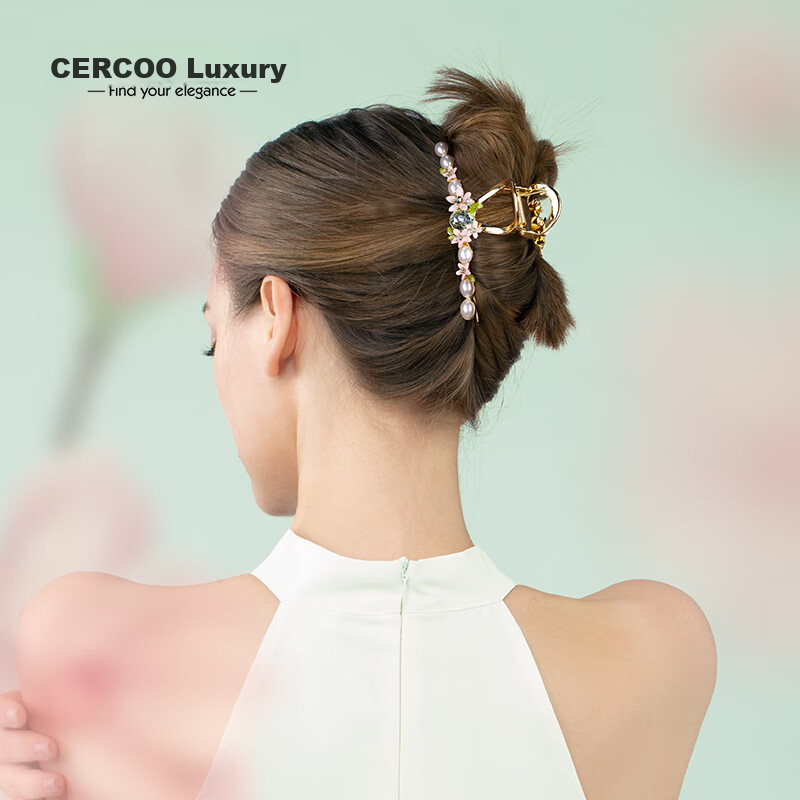Cercoo Peach Blossom Romantic Large Hair Claw, Luxurious Shark Clip, Fresh Pearl Hair Claw, Back of Head Hair Accessory