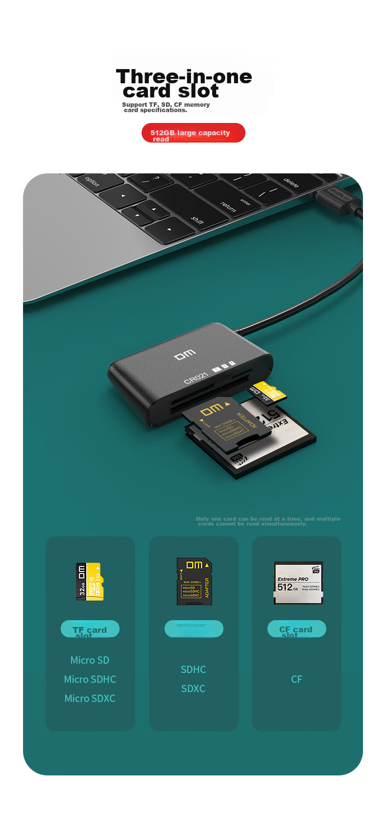 DM Daimai CR021 Multifunctional Three-In Card Reader, USB3.0 High-Speed Reading And Writing, Supports TF/SD/CF And Other Phone Cards And Camera Cards 3