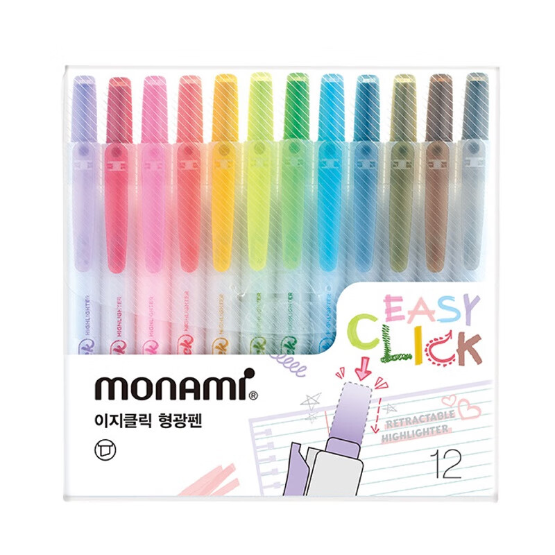 Monami Imported Retractable Highlighter Pen for Students, Large Capacity for Note-Taking, Marking Key Points, Colorful Pen, 12-Color Set 06024Z12