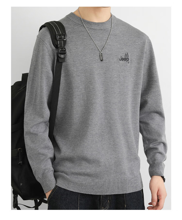 JEEP Men's Autumn Winter Sweater Round Neck Knitwear Comfortable Warm Versatile Top Dark Gray 2XL 19
