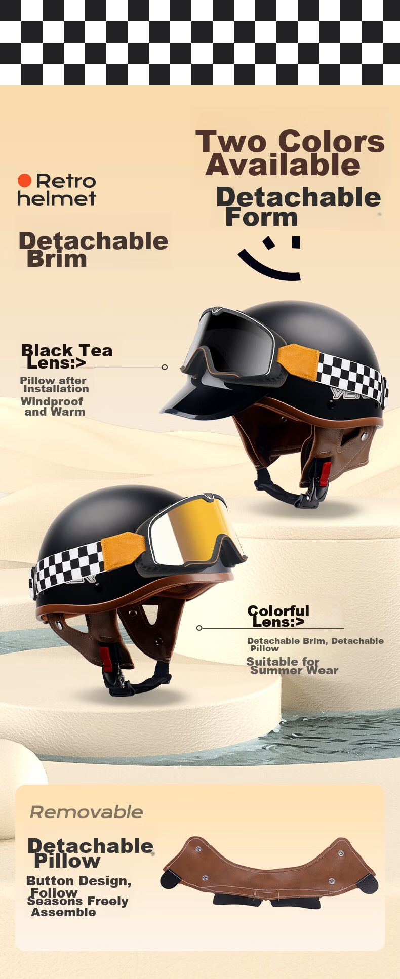 YEMA Helmet, 3C Certified, New National Standard Class A, Retro Stylish Half Helmet, All-Season Universal, for Men And Women, Motorcycle Helmet, Electric Motorcycle Safety Helmet, Cool Gray + Black Tea Wind Glasses, One Size Fits All 8