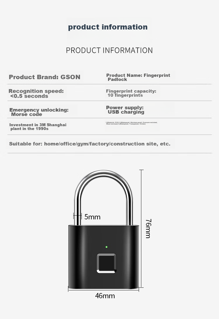 GSON GSON Smart Fingerprint Padlock for Warehouse, Dormitory, Courtyard Gate, Security Anti-Theft Anti-Freezing Electronic Lock 8