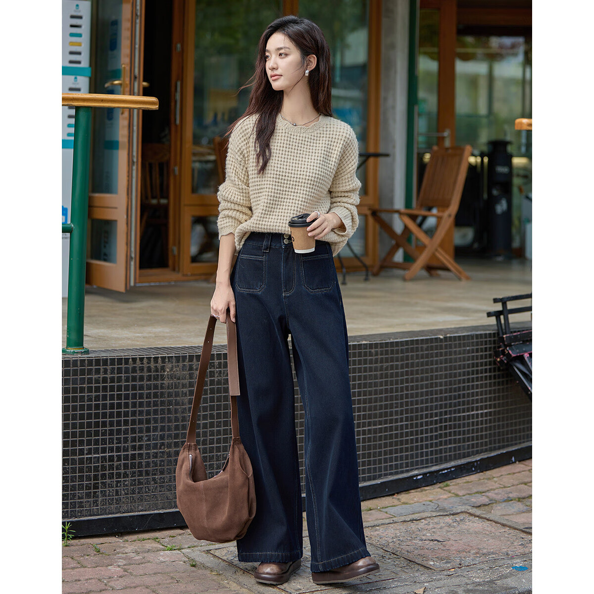 Dme Simple Blue Straight-Leg Pants Winter Style with Double Buttons, Wide Waistband Design, Fleece-Lined Jeans for Wome