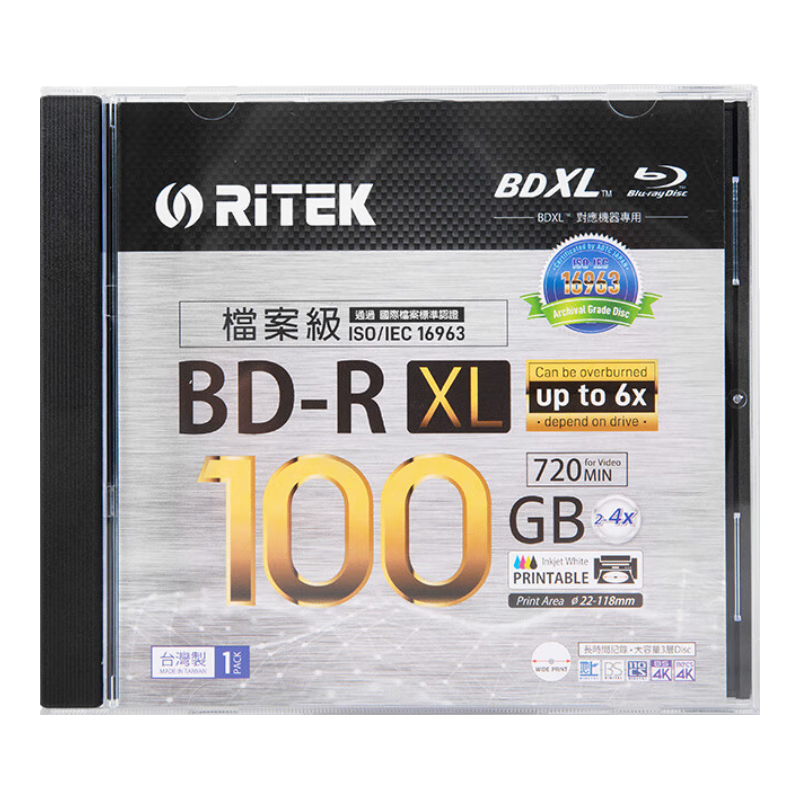 RITEk BD-R XL 100GB Blu-Ray Disc, ISO/IEC 16963 Certified Archive-Grade Optical Disc Standard, 100-Year Storage, Printable Disc, 6x Large Capacity Disc, Single Disc in Box Packaging