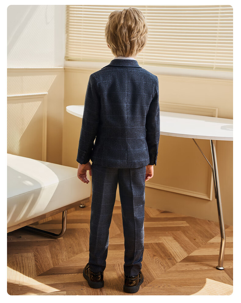 Luomeng Children's Suit Set, Boys' Host Flower Boy Formal Wear for Performances, Blue Plaid Five-Piece Set, Size 170 19