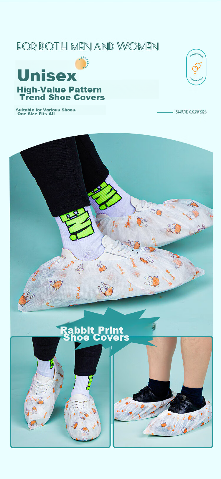 YOUAO Disposable Shoe Covers, 100-Pack, Thick Non-Woven Cartoon Shoe Covers, Wear-Resistant, Non-Slip, One Size Fits All 9