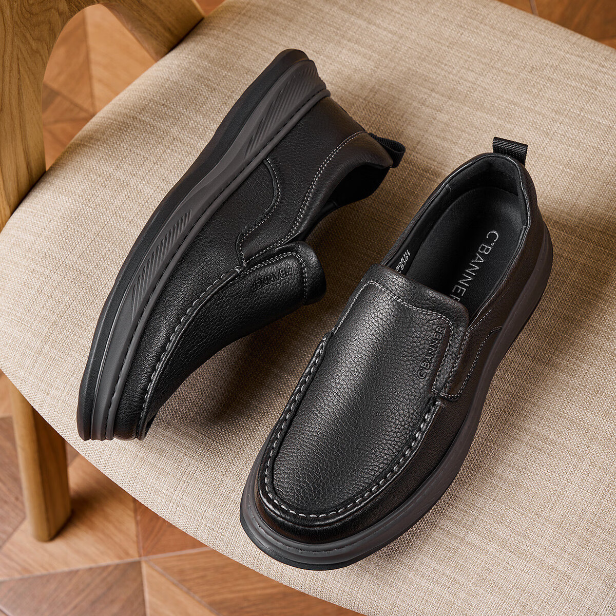 C.BANNER Casual Sheepskin Men's Leather Shoes, Business Soft-Soled Soft Upper Breathable Slip-On Comfortable Wear-Resistant Versatile Shoes, Black, Size 41