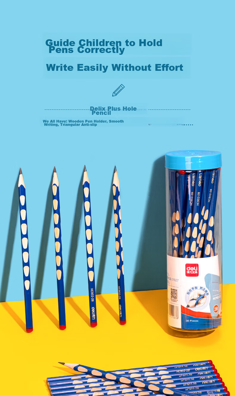 Deli Perforated Pencils, 30 Pieces, HB Writing Pencils, Triangular Shaft, Easy to Grip, Erasable Rubber, Children's Posture Correction, Student Handwriting Practice, Writing And Doodling, Back-To Stationery 2