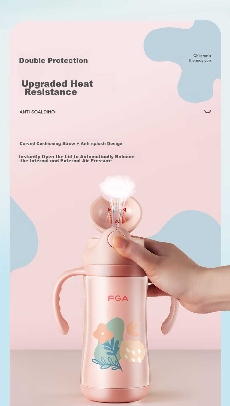 FGA Fuguang Children's Insulated Cup, Kindergarten Baby Straw Cup, Drinking Cup with 316 Stainless Steel Handle, Water Bottle, Gree 4