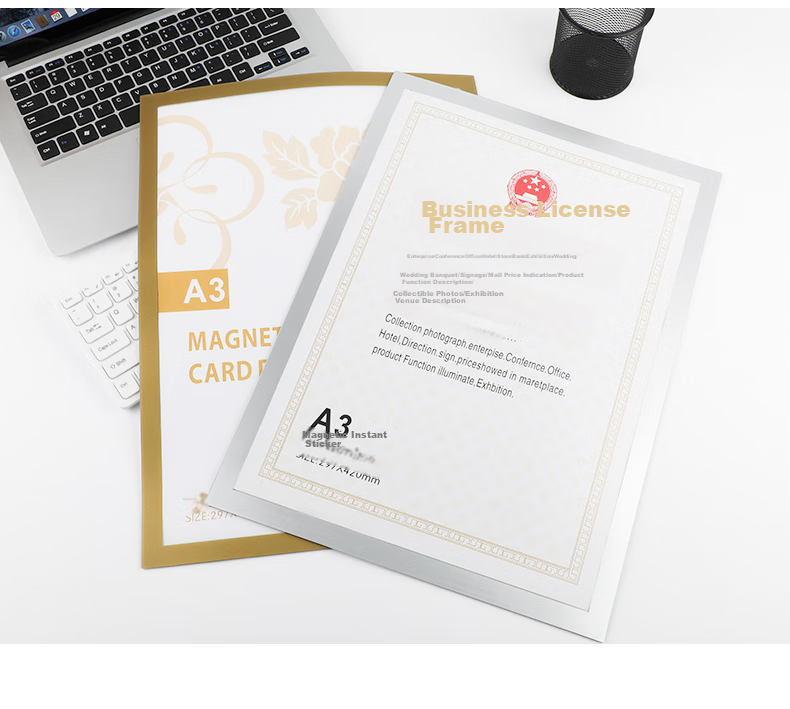 Befon Business License Frame, Magnetic Display A4 Holder, No Drilling Required, Strong Magnetic Attachment, Ready to Use, Specially Designed for Licenses, Photo Poster Protective Frame, Silver 5498 12