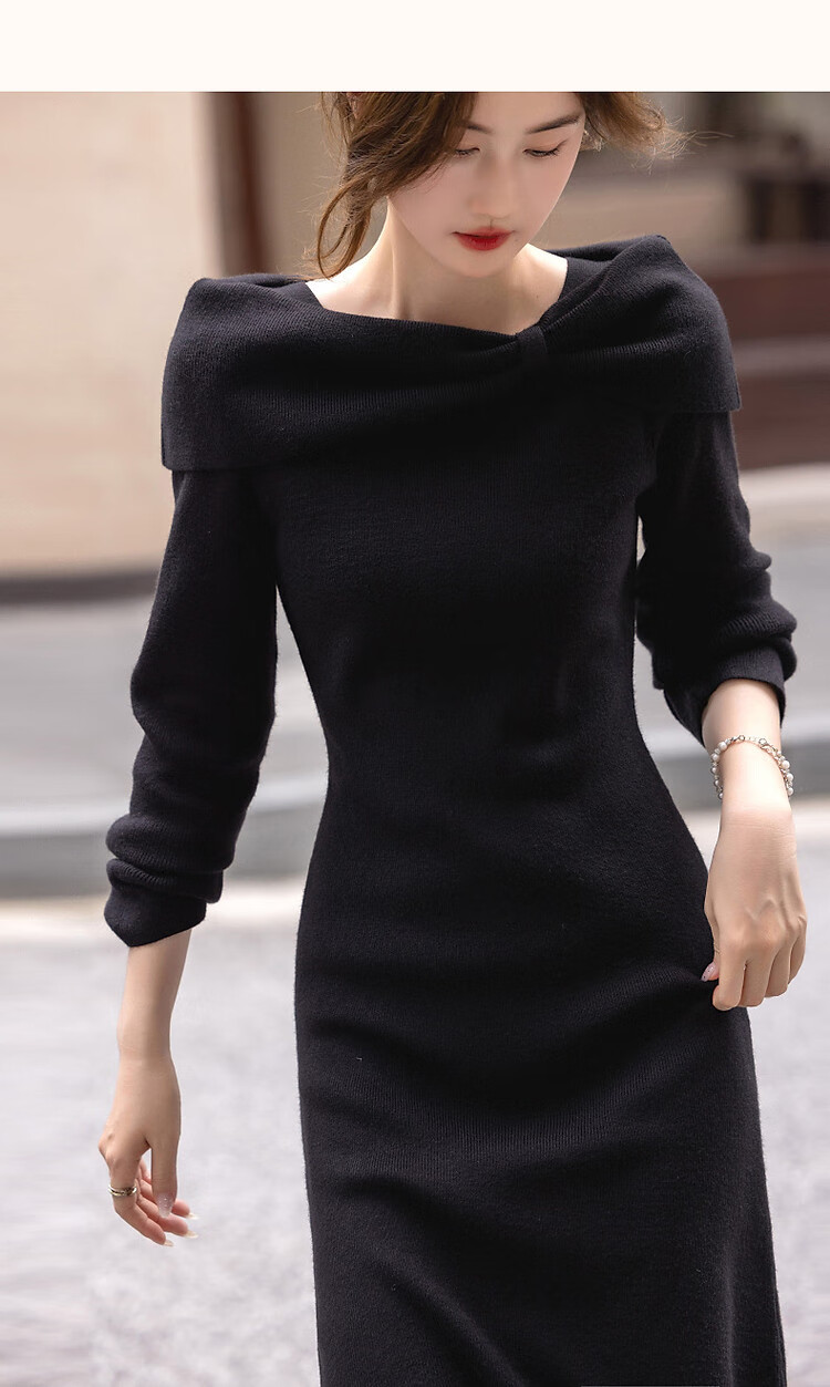 DME French Style Intellectual Lady Butterfly One-Shoulder Knitted Midi Dress for Autumn and Winter 11