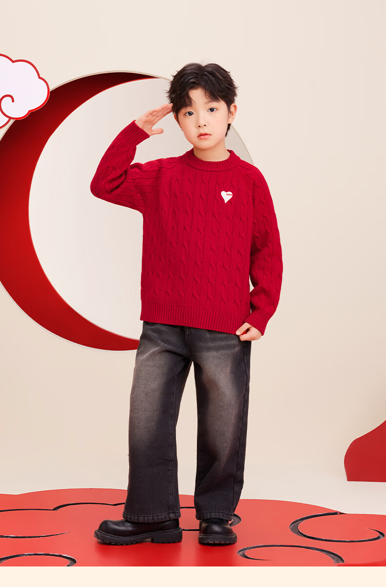 Zuoxi Boys' Red Sweater, Children's Thick Knit Pullover, 2025 New Style Boys' New Year Outfit, Winter Clothing, White, Size 140 12