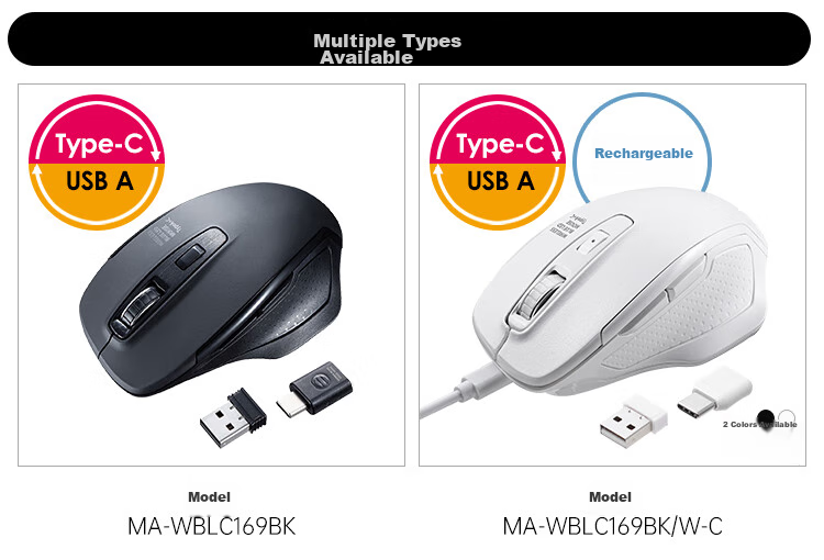 SANWA Ergonomic Wireless Dual-Mode Mouse, Quiet Blue Light, Mobile Phone Mouse, Type-C USB Switchable, Dual Receiver, Rechargeable WBLC169 Black 2