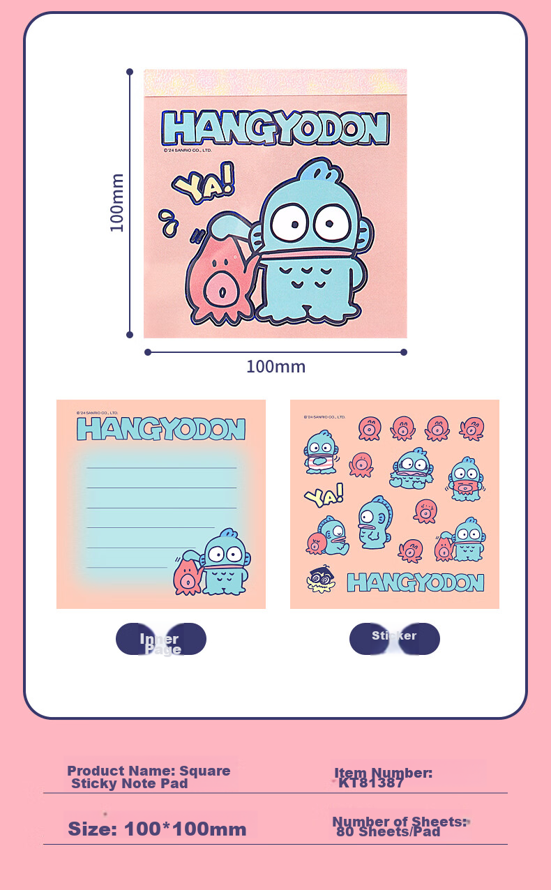 GuangBo X Sanrio Co-Branded Square Notebook, Mini Pocket Notebook, Memo Pad, Aesthetic Journal, Notepad, 100*100mm/80 Sheets, Half-Person Fish Green, KT81387 4